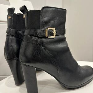 Dune London Black Leather Heeled Ankle Boots with Gold Buckle Accent